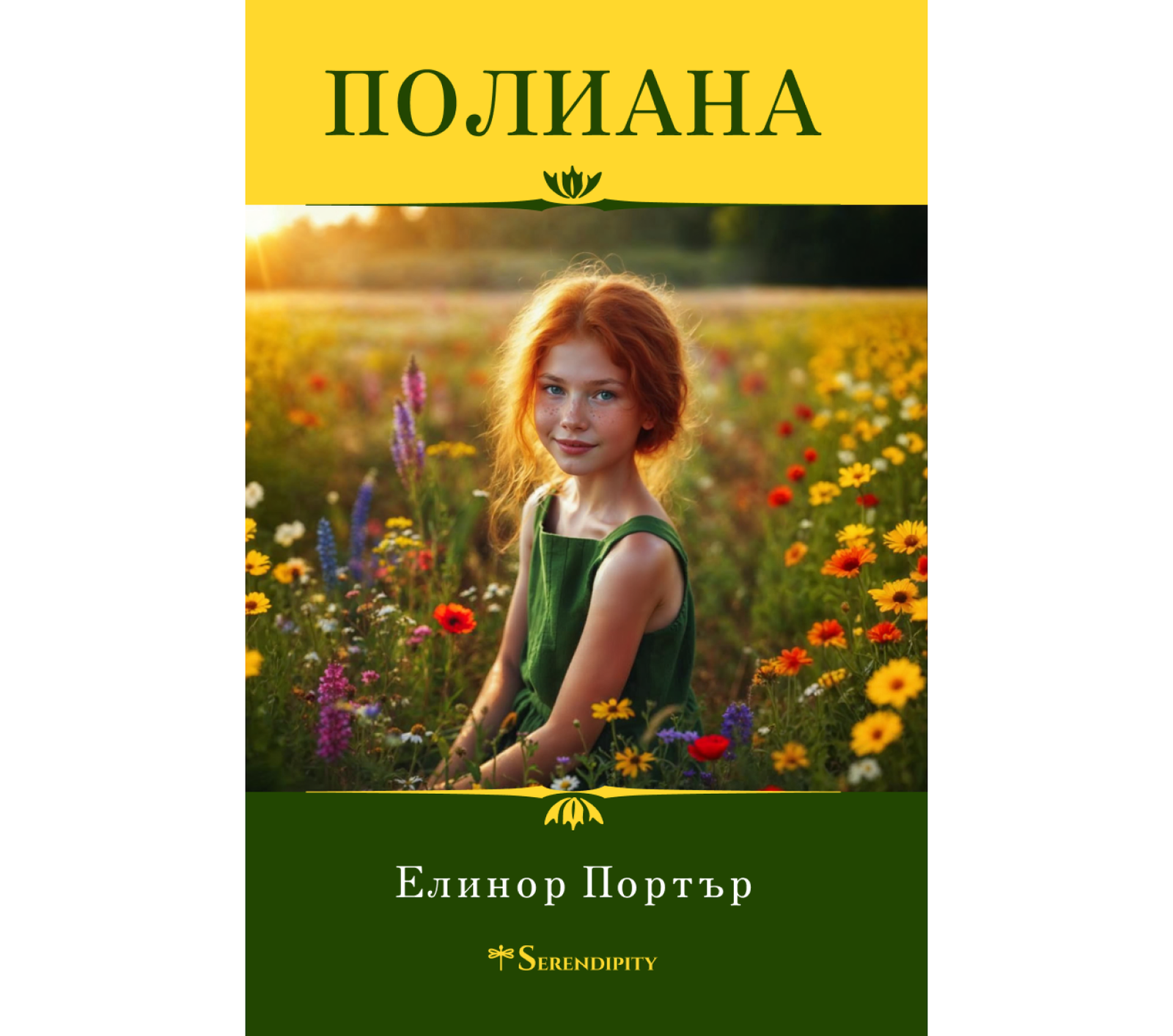 Книга за малко момиче в зелено и жълто с много цветя около нея