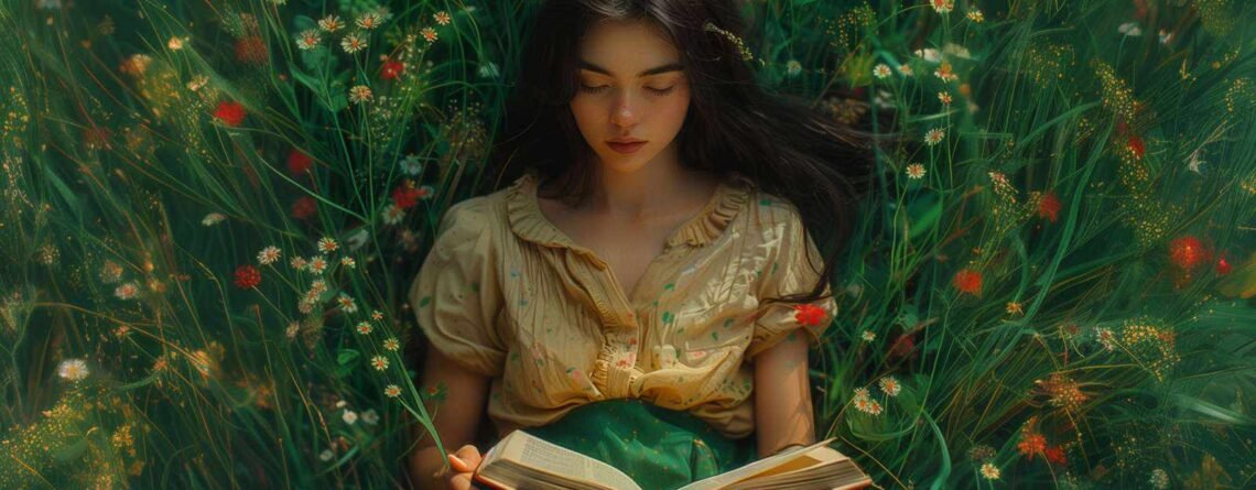 Младо момиче чете книга на зелена поляна